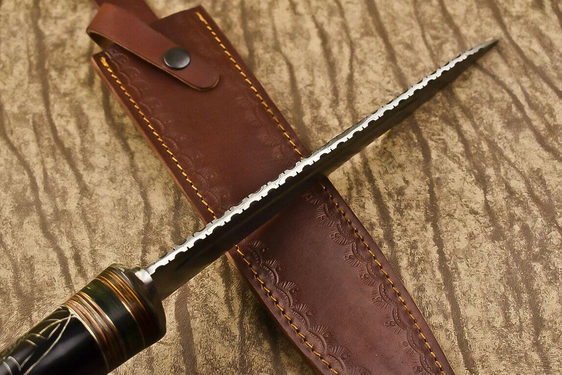 15" Handmade Damascus Steel Bowie Knife – Bull Horn Handle