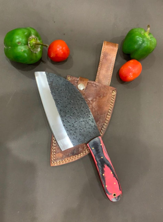 Vintage Japanese Damascus Steel Meat Cleaver – 7" Butcher Chef Kitchen Knife with Leather Sheath