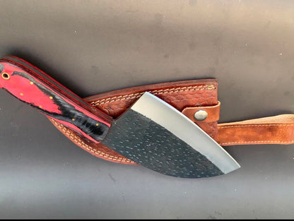 Vintage Japanese Damascus Steel Meat Cleaver – 7" Butcher Chef Kitchen Knife with Leather Sheath