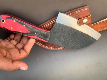 Vintage Japanese Damascus Steel Meat Cleaver – 7" Butcher Chef Kitchen Knife with Leather Sheath