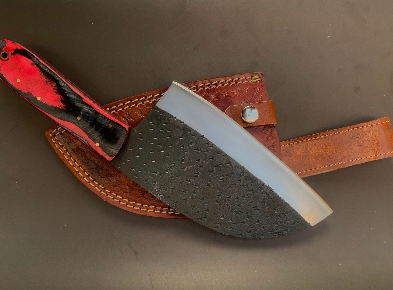 Vintage Japanese Damascus Steel Meat Cleaver – 7" Butcher Chef Kitchen Knife with Leather Sheath