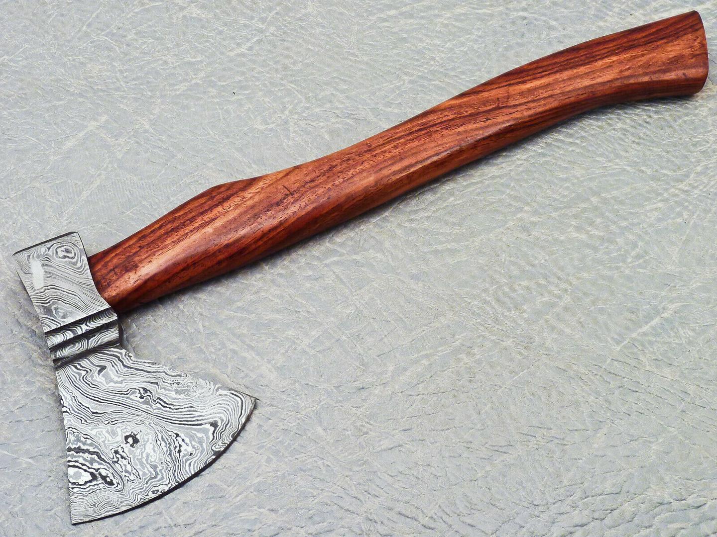 15" Hand Forged Damascus Steel Hunting Axe With Natural Wood Handle & Leather Sheath