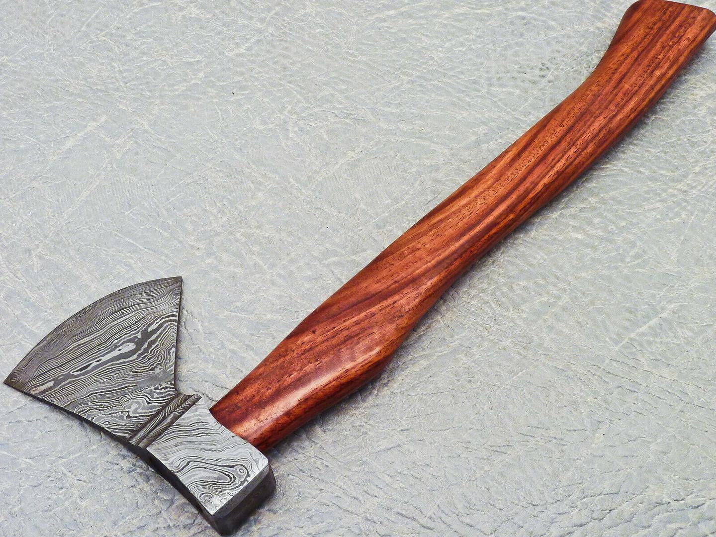 15" Hand Forged Damascus Steel Hunting Axe With Natural Wood Handle & Leather Sheath