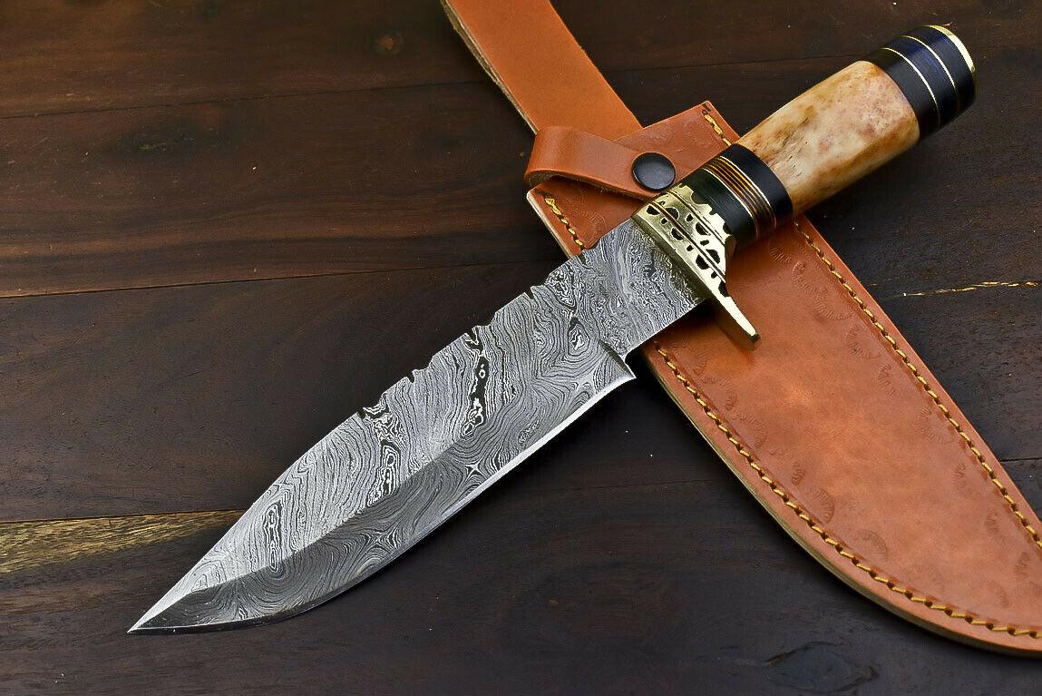 12.6" Handmade Damascus Steel Bowie Knife with Camel Bone Handle & Leather Sheath