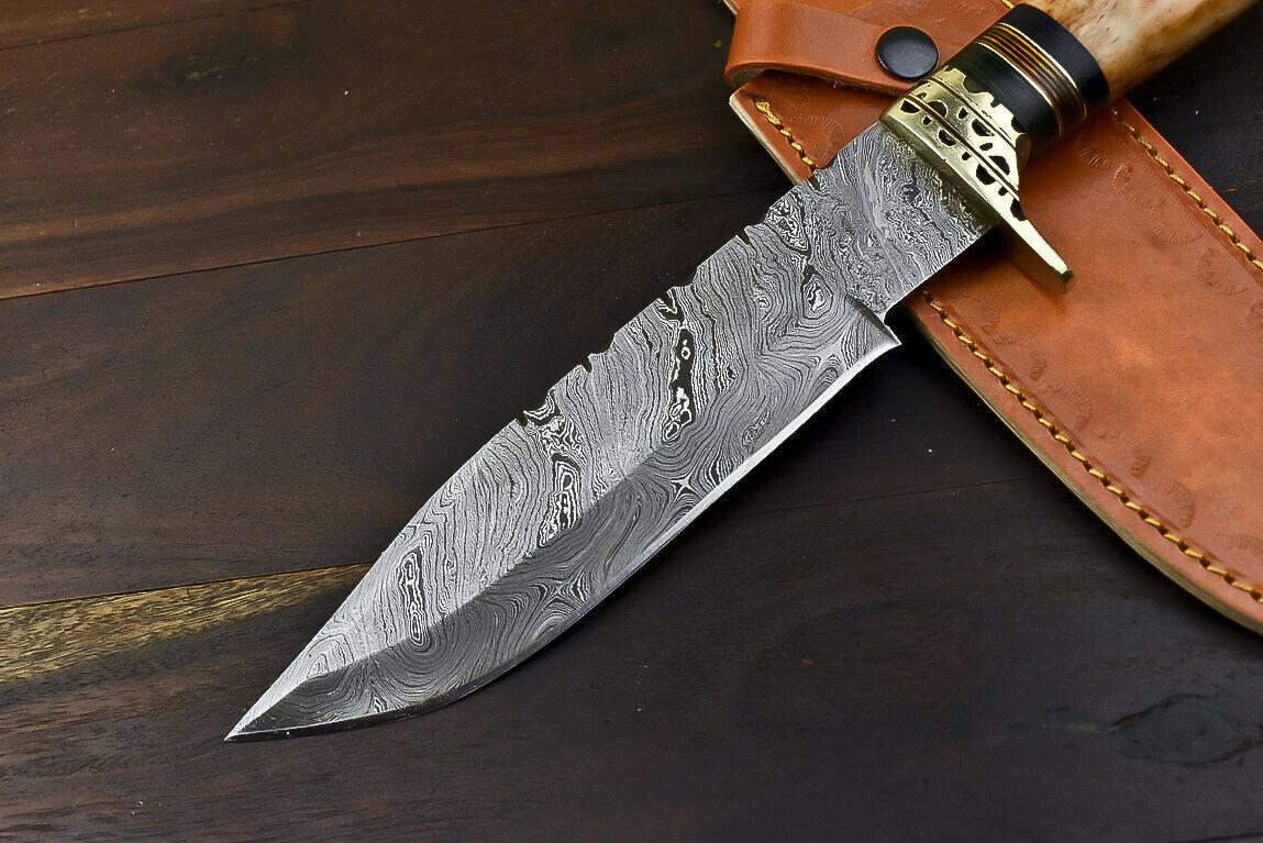 12.6" Handmade Damascus Steel Bowie Knife with Camel Bone Handle & Leather Sheath
