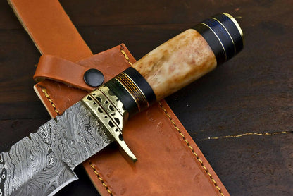 12.6" Handmade Damascus Steel Bowie Knife with Camel Bone Handle & Leather Sheath