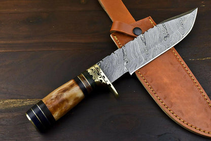 12.6" Handmade Damascus Steel Bowie Knife with Camel Bone Handle & Leather Sheath
