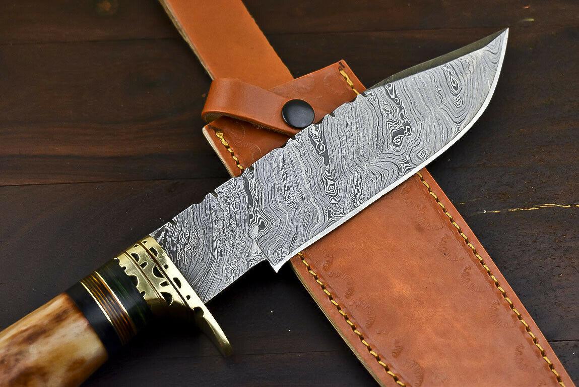12.6" Handmade Damascus Steel Bowie Knife with Camel Bone Handle & Leather Sheath