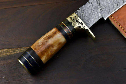 12.6" Handmade Damascus Steel Bowie Knife with Camel Bone Handle & Leather Sheath