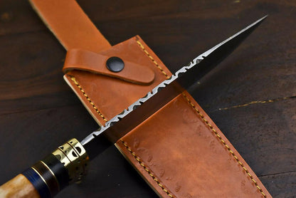 12.6" Handmade Damascus Steel Bowie Knife with Camel Bone Handle & Leather Sheath