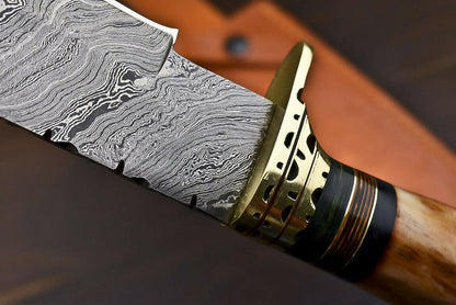 12.6" Handmade Damascus Steel Bowie Knife with Camel Bone Handle & Leather Sheath
