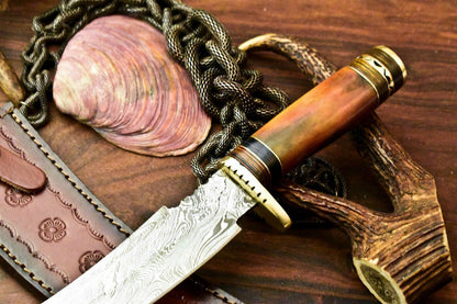 13" Handmade Damascus Hunting Bowie Knife | Stained Camel Bone Handle