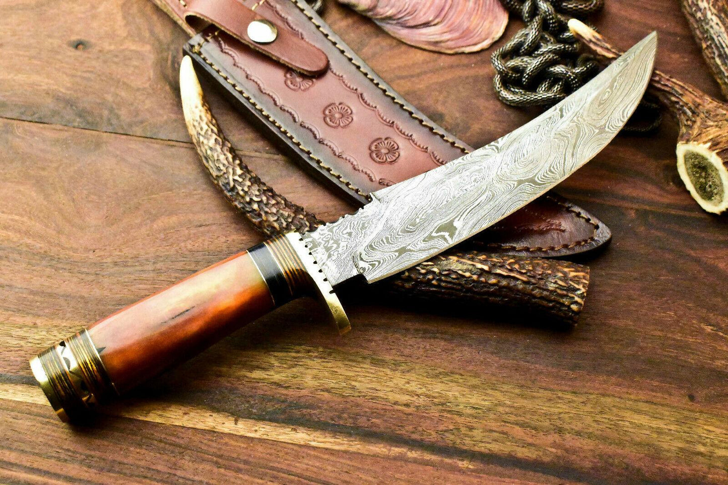 13" Handmade Damascus Hunting Bowie Knife | Stained Camel Bone Handle