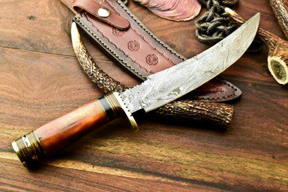 13" Handmade Damascus Hunting Bowie Knife | Stained Camel Bone Handle