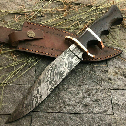 Custom Damascus Bowie Knife with Twisted Pattern and Wood Handle 13 Inch