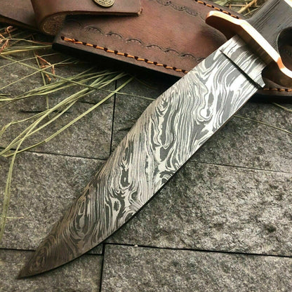 Custom Damascus Bowie Knife with Twisted Pattern and Wood Handle 13 Inch