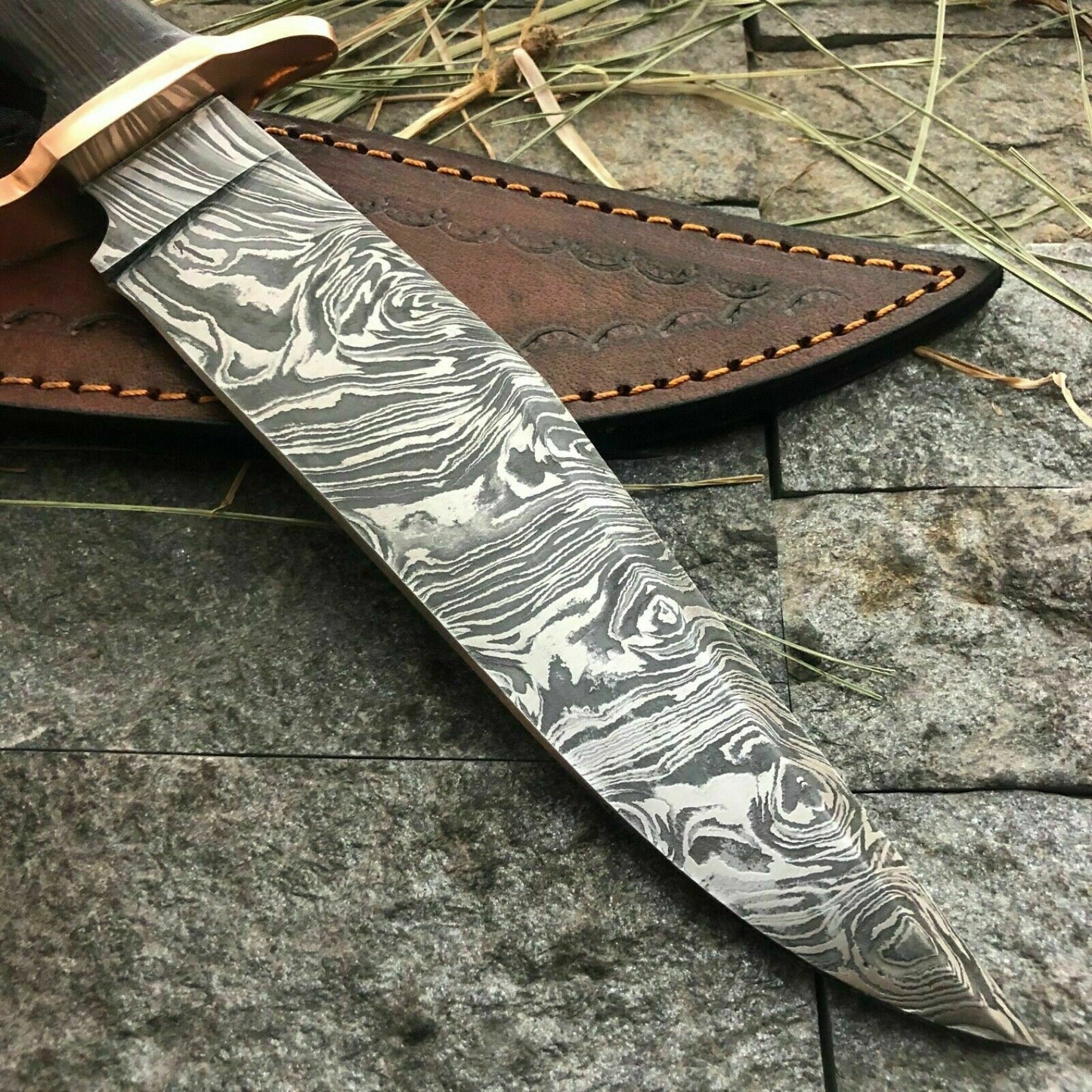 Custom Damascus Bowie Knife with Twisted Pattern and Wood Handle 13 Inch