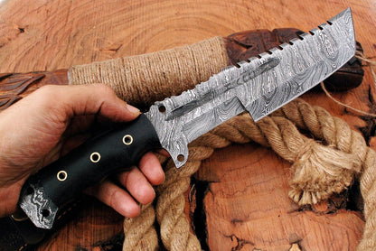 12" Handmade Damascus Steel Tracker Knife – Hunting, Bushcraft, Survival, Camping EDC with Bull Horn Handle & Leather Sheath