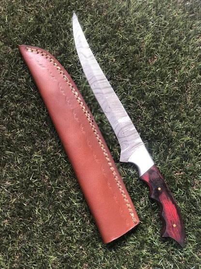 13" Custom Handmade Damascus Steel Fillet, Chef, Brisket & Hunting Knife with Leather Sheath