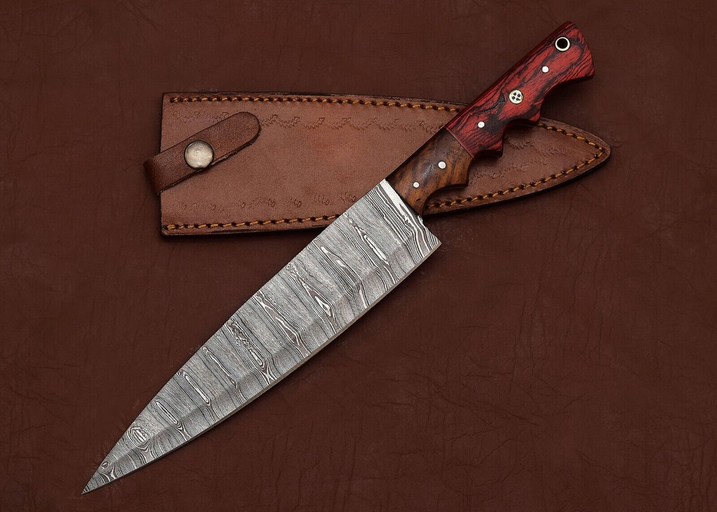 Handcrafted Damascus Steel Chef & Fillet Knife with 8" Blade and Pakka Wood Handle