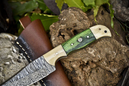 8" Hand Forged Skinner Knife Twist Damascus Hardwood Handle with Sheath
