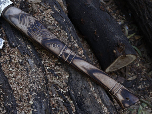 Hand Forged 21 Inch Viking Axe Carbon Steel Blade with Engraved Ash Wood Handle and Leather Sheath