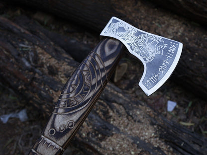 Hand Forged 21 Inch Viking Axe Carbon Steel Blade with Engraved Ash Wood Handle and Leather Sheath