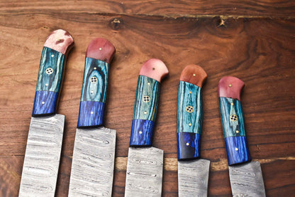 Custom Lot of 5 Handmade Hammered Damascus Steel Chef Knives – 384 Layer Professional Kitchen Set