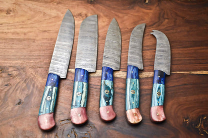 Custom Lot of 5 Handmade Hammered Damascus Steel Chef Knives – 384 Layer Professional Kitchen Set