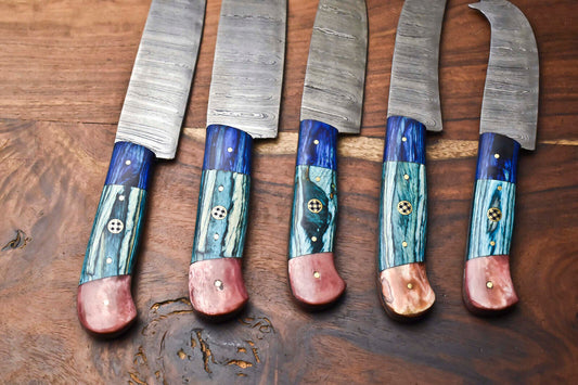 Custom Lot of 5 Handmade Hammered Damascus Steel Chef Knives – 384 Layer Professional Kitchen Set
