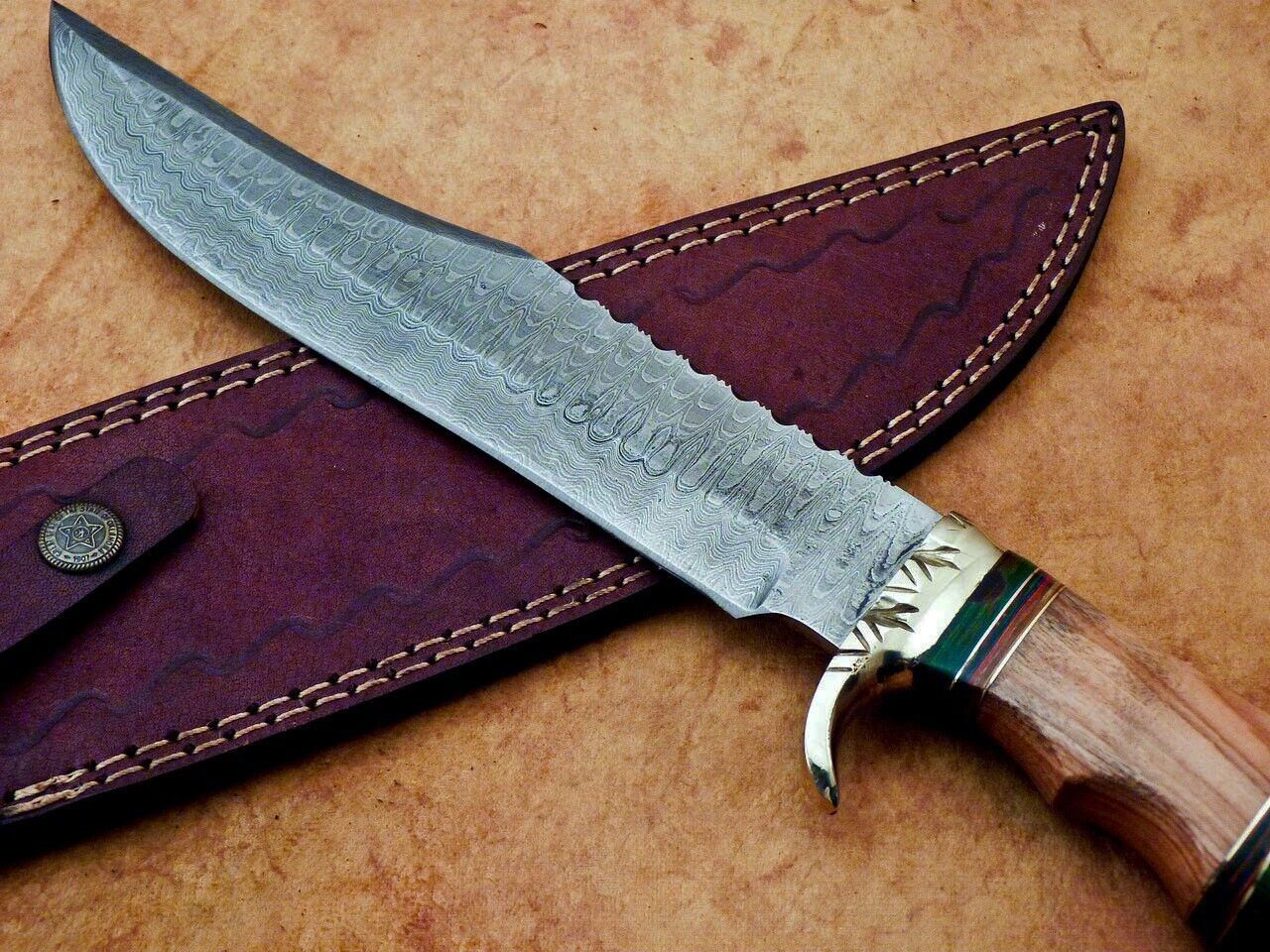 Heritage Forge Damascus Steel Bowie Knife with Olive Wood Handle for Camping and Hunting