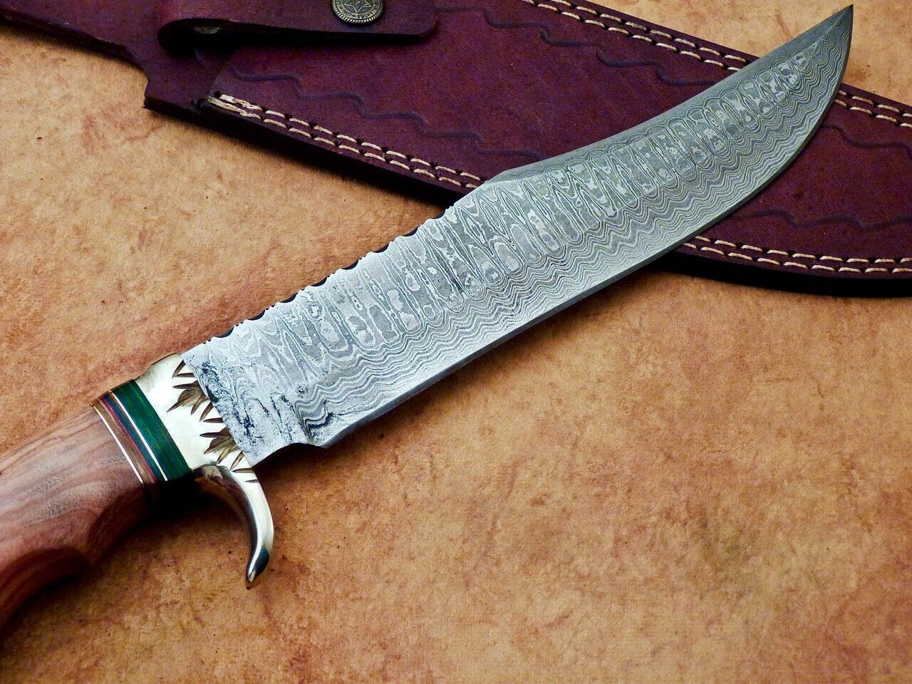 Heritage Forge Damascus Steel Bowie Knife with Olive Wood Handle for Camping and Hunting