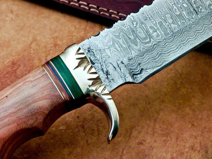 Heritage Forge Damascus Steel Bowie Knife with Olive Wood Handle for Camping and Hunting