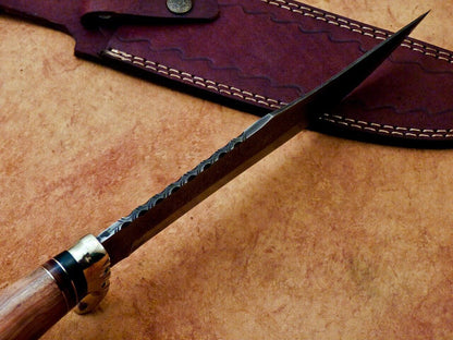 Heritage Forge Damascus Steel Bowie Knife with Olive Wood Handle for Camping and Hunting