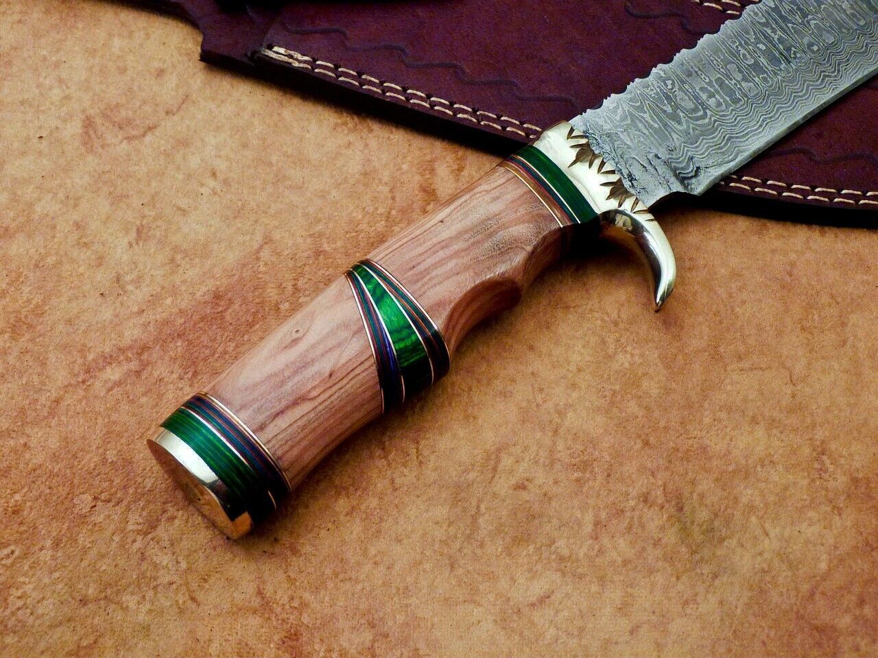 Heritage Forge Damascus Steel Bowie Knife with Olive Wood Handle for Camping and Hunting