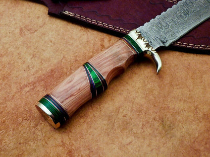 Heritage Forge Damascus Steel Bowie Knife with Olive Wood Handle for Camping and Hunting
