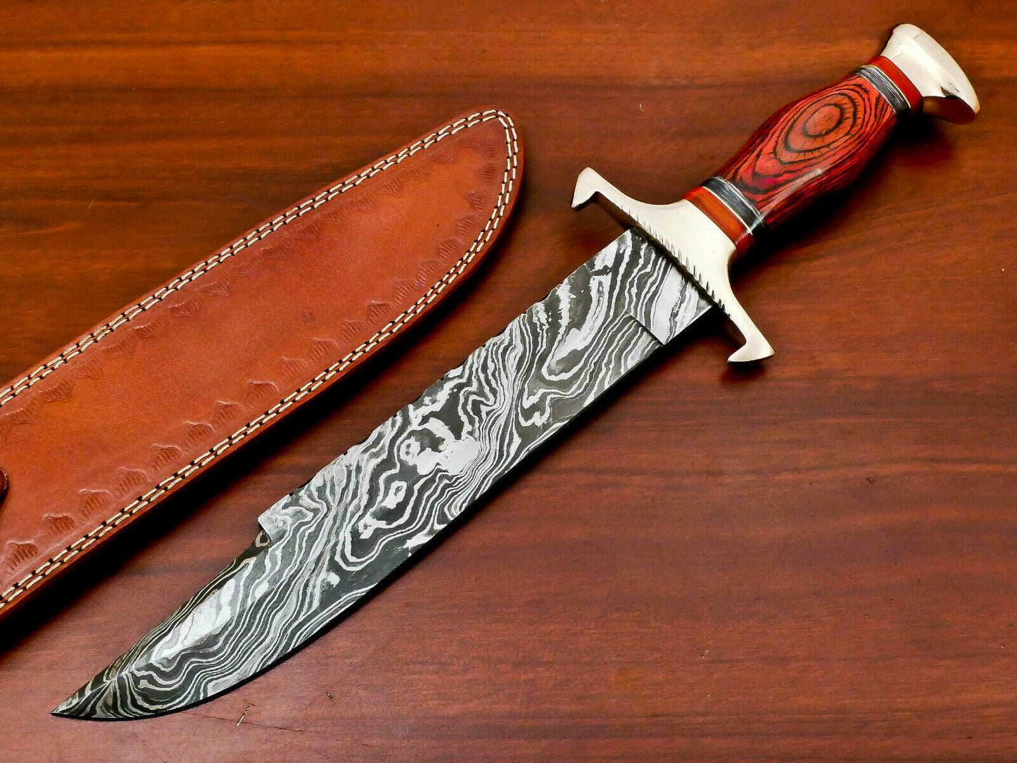 15.5" Hand Forged Damascus Bowie Hunting Knife | Hard Wood Handle