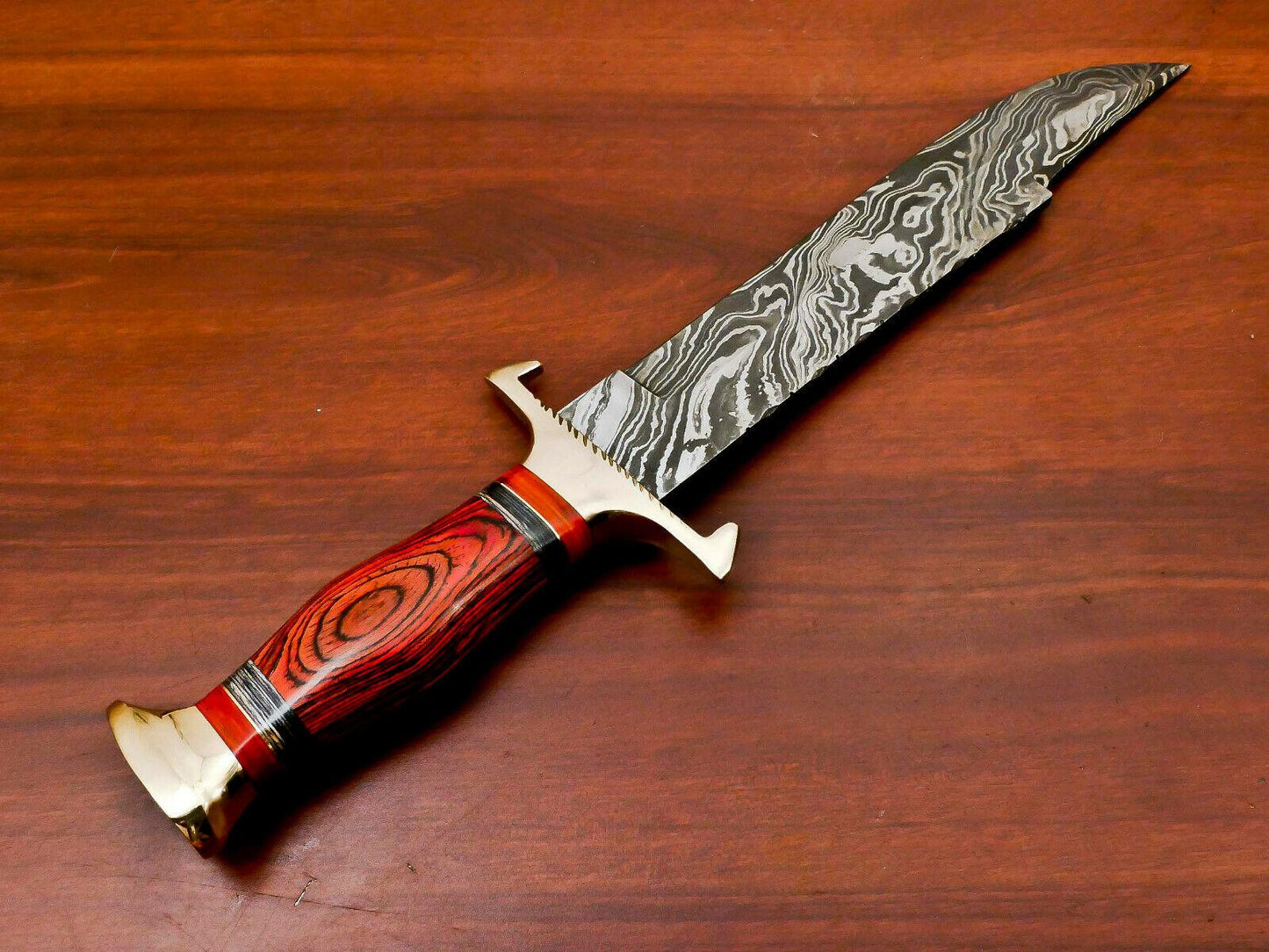 15.5" Hand Forged Damascus Bowie Hunting Knife | Hard Wood Handle