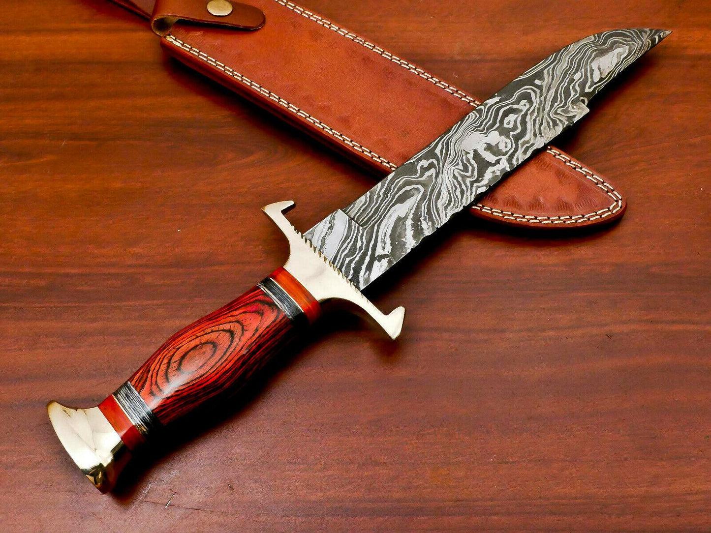 15.5" Hand Forged Damascus Bowie Hunting Knife | Hard Wood Handle