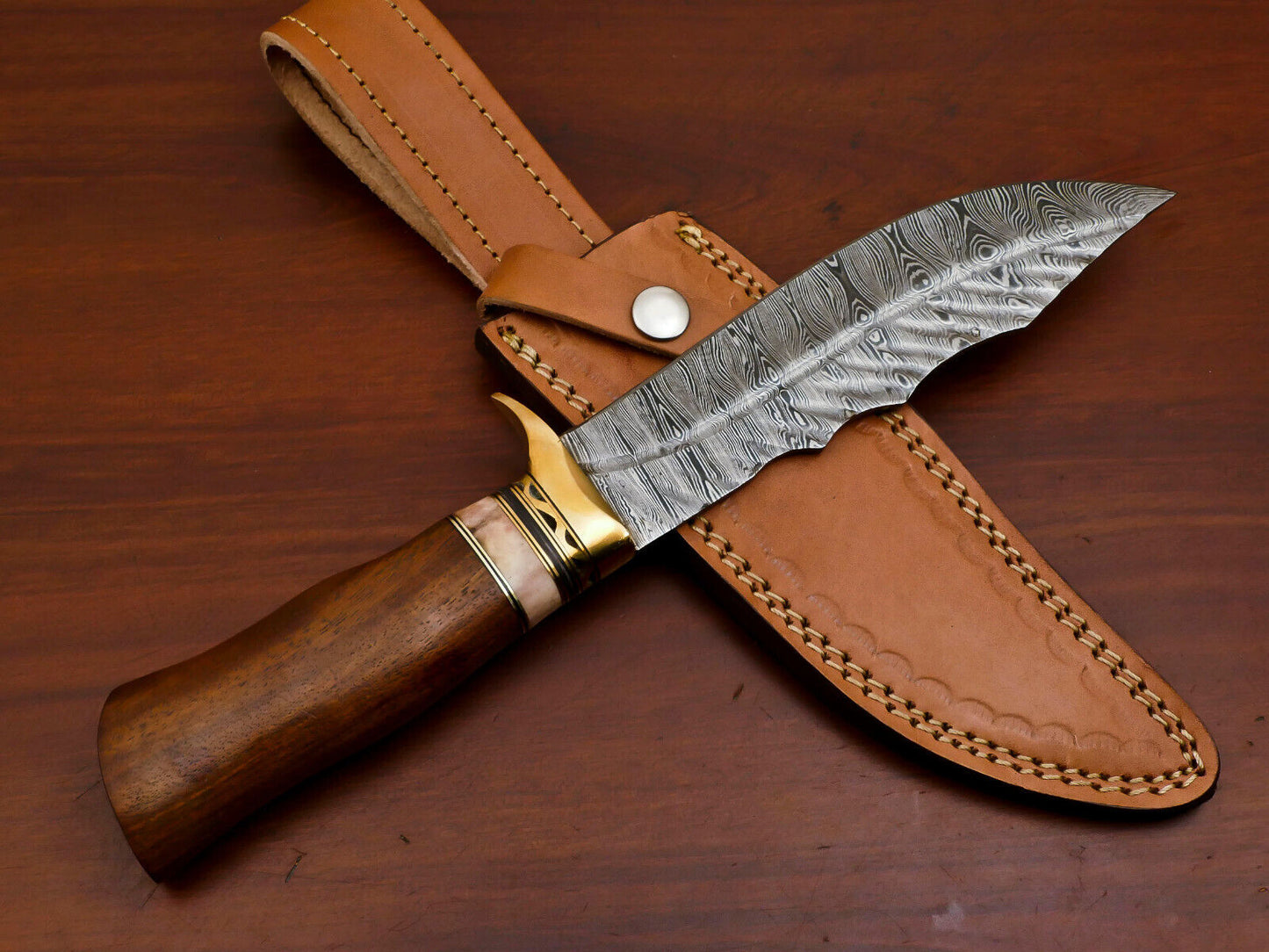 12" Damascus Steel Bowie Knife | Rosewood & Camel Bone Handle
