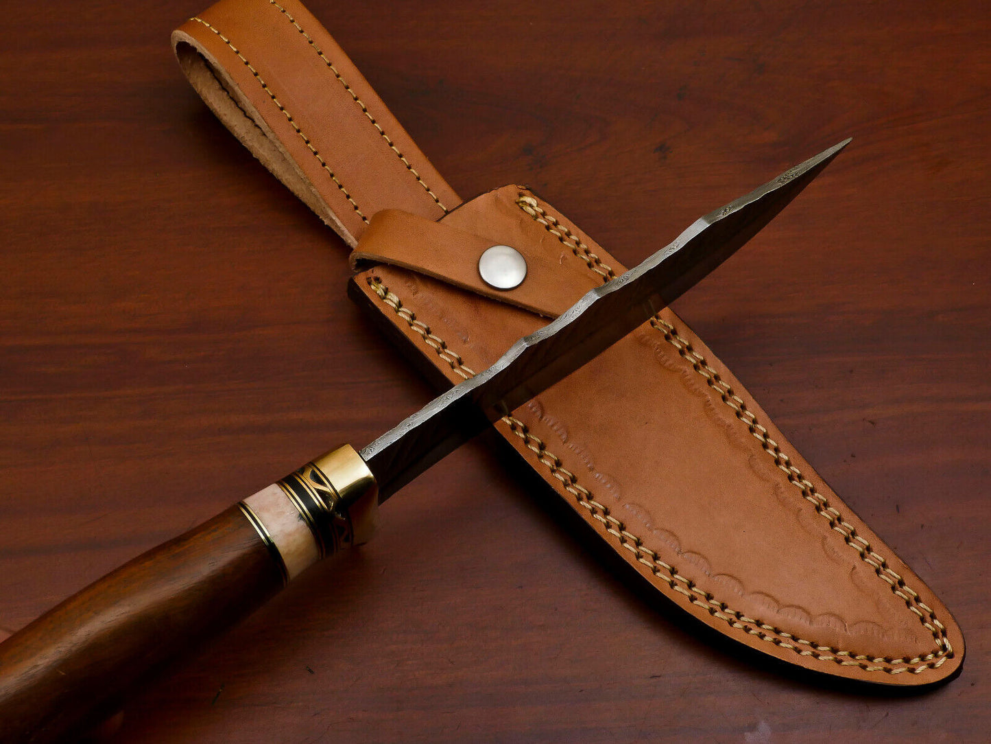 12" Damascus Steel Bowie Knife | Rosewood & Camel Bone Handle