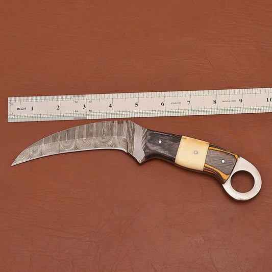 Custom Handmade Damascus Karambit Damascus Steel Hunting Knife with Wood and Bone Handle