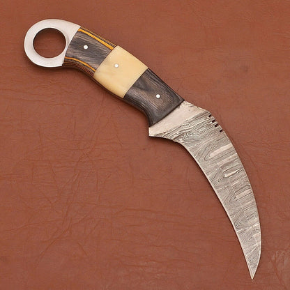 Custom Handmade Damascus Karambit Damascus Steel Hunting Knife with Wood and Bone Handle
