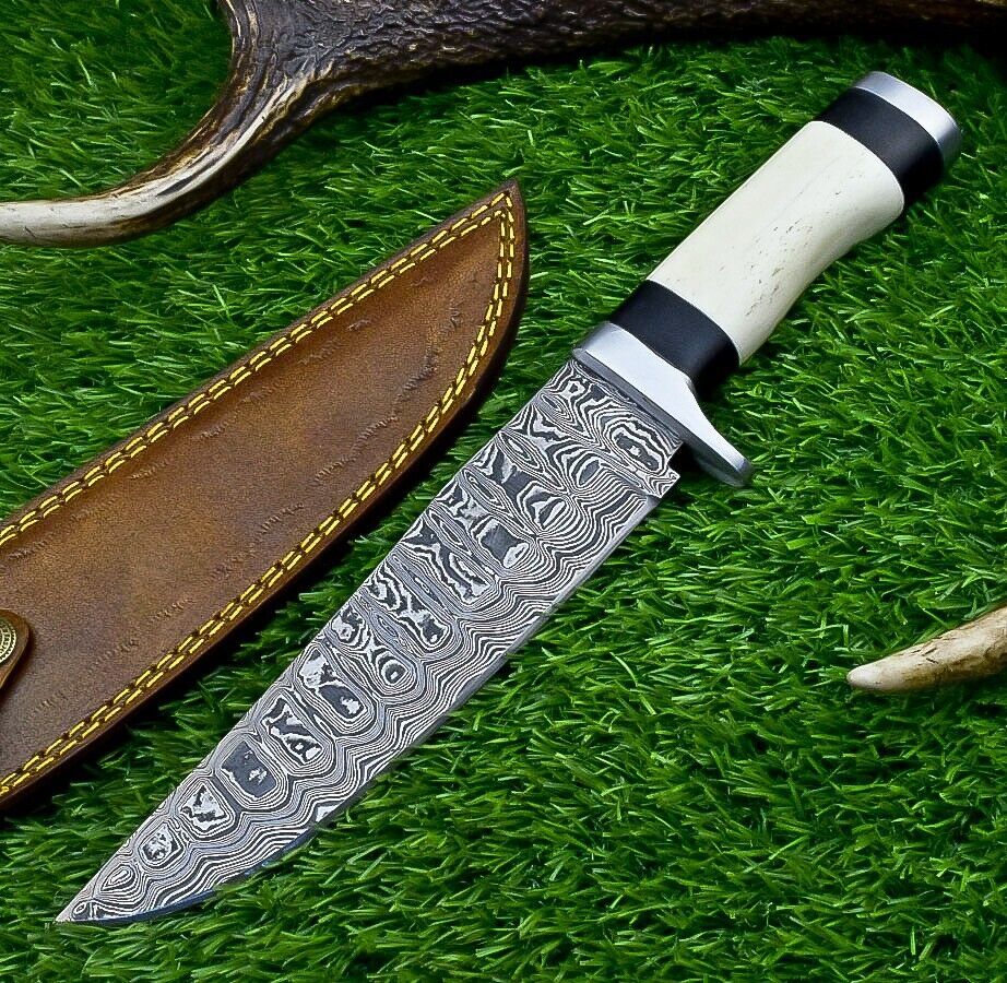 Custom Forged Damascus Steel Handmade Bowie Knife With Camel Bone Handle