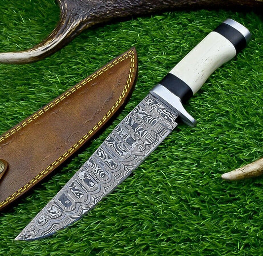 Custom Forged Damascus Steel Handmade Bowie Knife With Camel Bone Handle