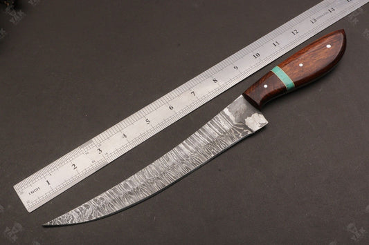 13.5" Custom Handmade Damascus Fillet Knife Fire Damascus Steel Fillet Knife W/Sheath