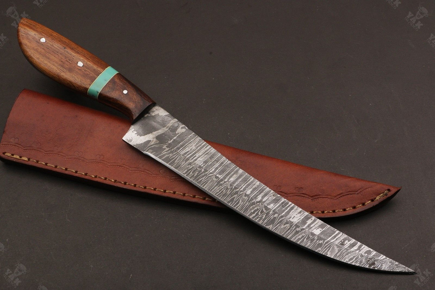 13.5" Custom Handmade Damascus Fillet Knife Fire Damascus Steel Fillet Knife W/Sheath