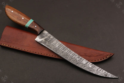 13.5" Custom Handmade Damascus Fillet Knife Fire Damascus Steel Fillet Knife W/Sheath