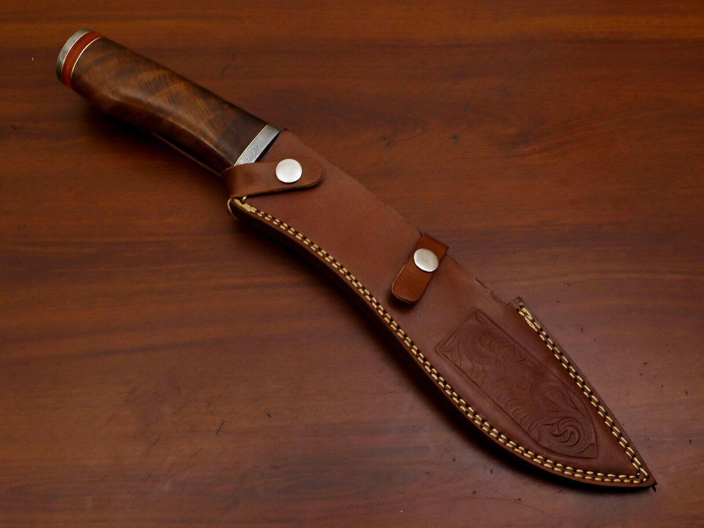 Heritage Forge 15" Damascus Steel Bowie Knife with Rose Wood Handle and Custom Leather Sheath