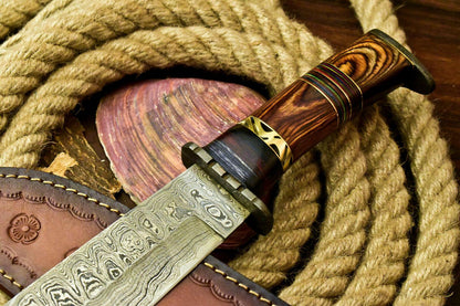 Custom Handmade Damascus Steel Bowie Hunting Knife | Hard Wood Handle, 12.5" Overall